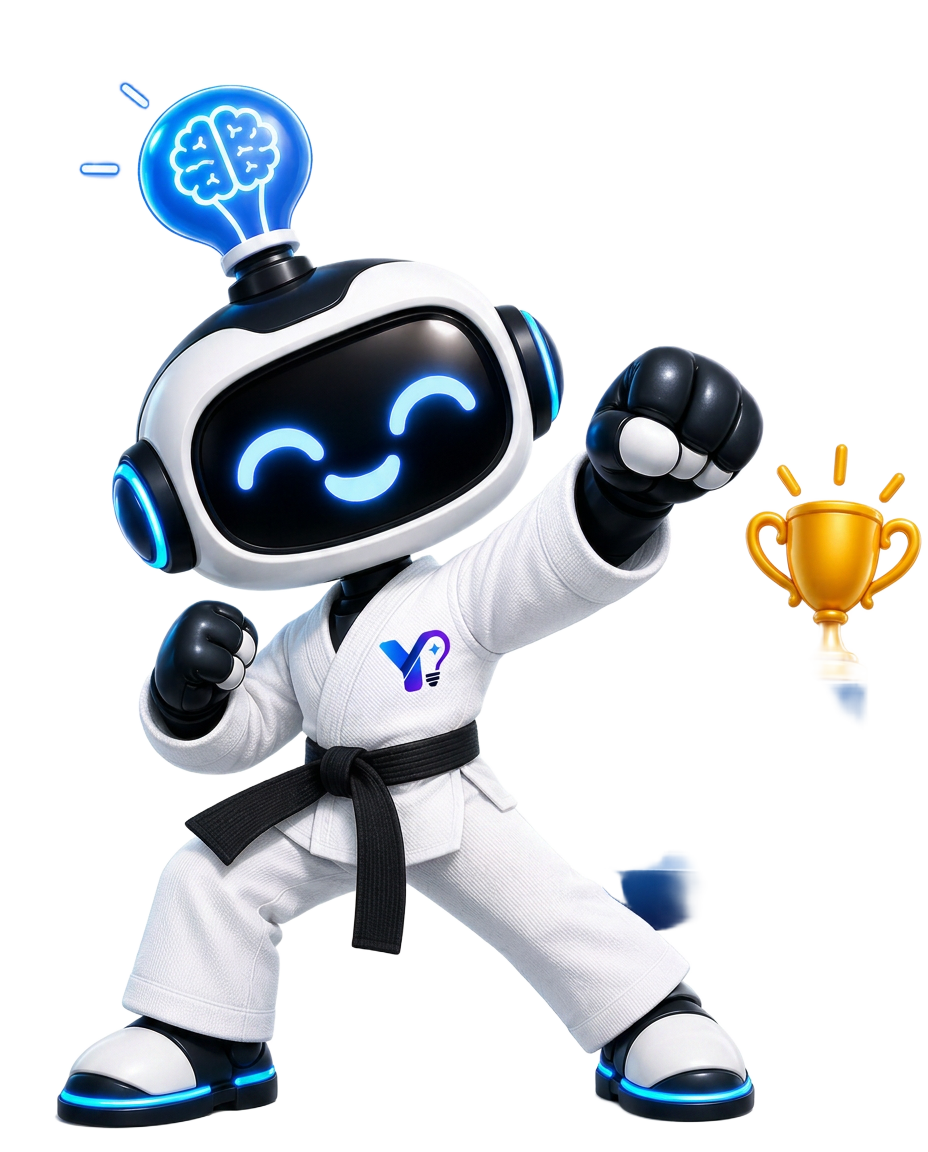 YourAIdea robot in taekwondo-pak klimt met een idee naar een gouden beker
