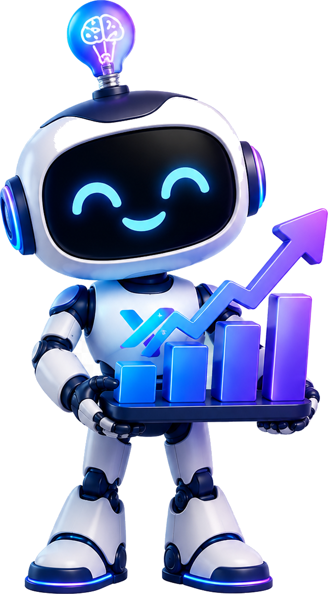 Robotmascotte van Your AIdea wijst naar een groeiende grafiek