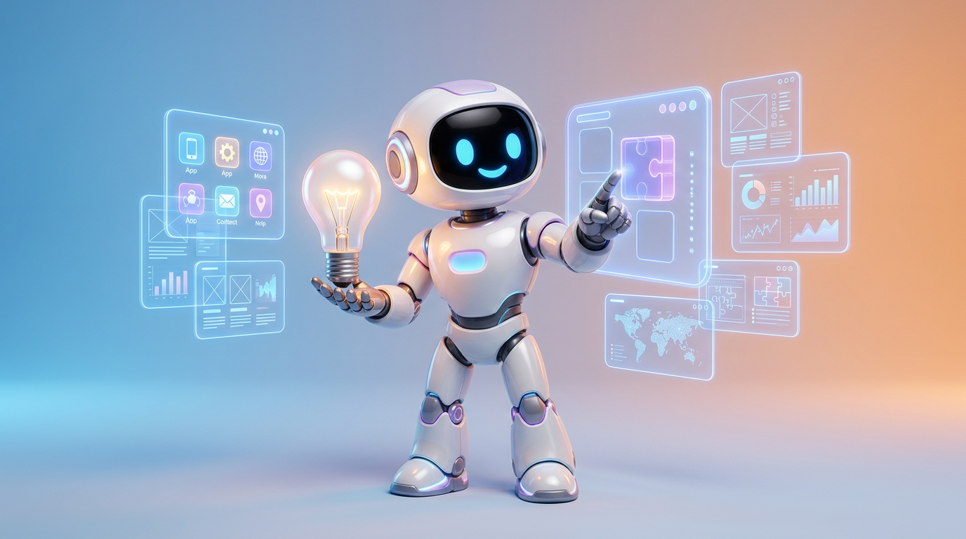 Robotmascotte van Your AIdea houdt een gloeilamp vast die verandert in een dashboard met agenda en grafieken