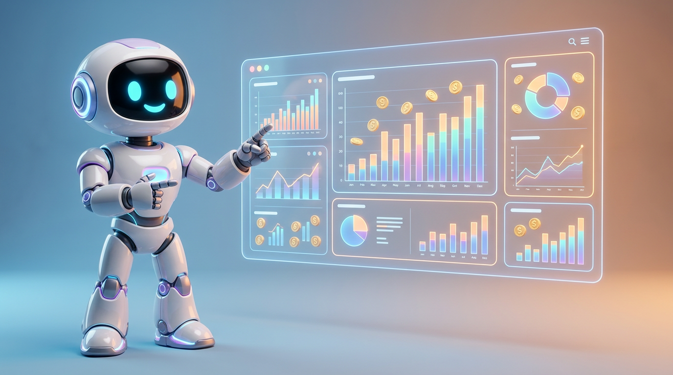 Robotmascotte van Your AIdea bekijkt een webapplicatie-dashboard met grafieken en gebruikersgegevens