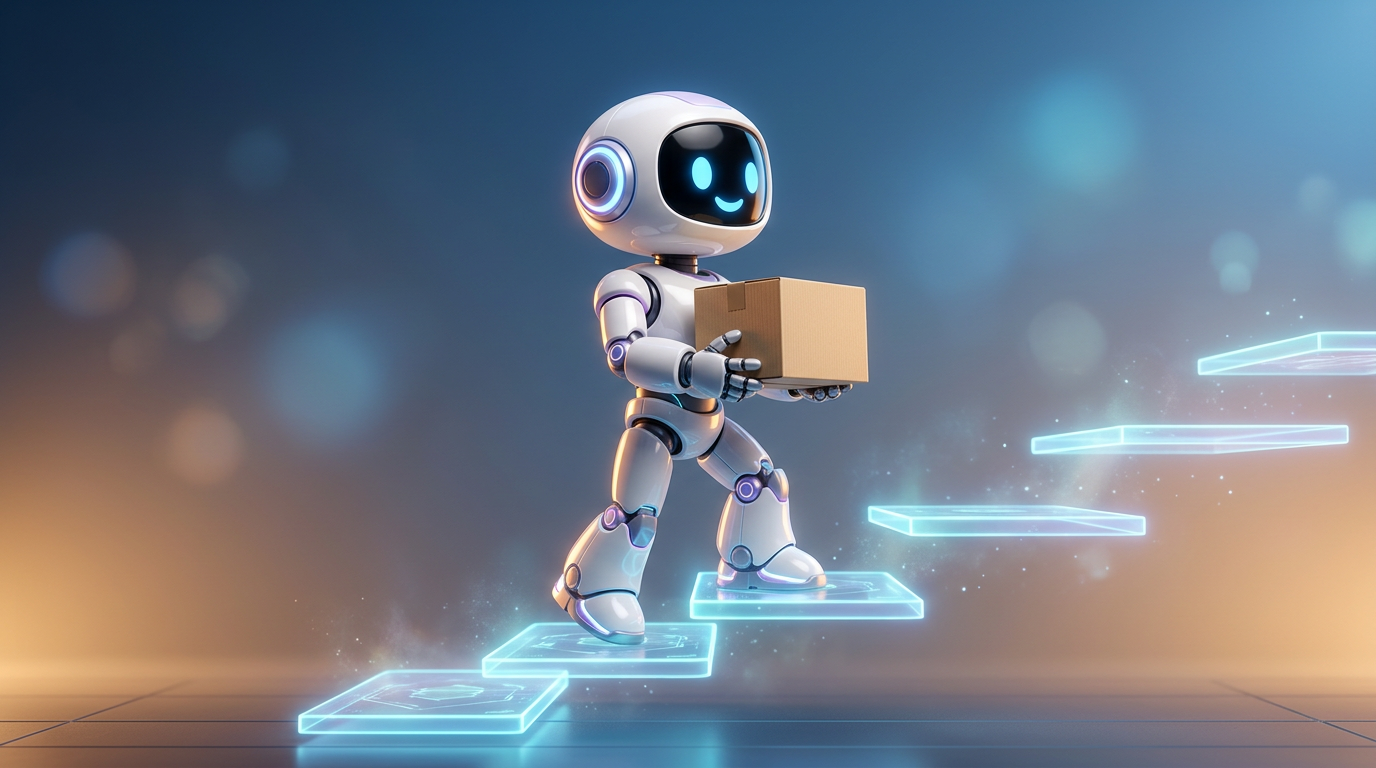 Robotmascotte van Your AIdea houdt een checklist vast naast een webshopscherm met winkelmandje en producten