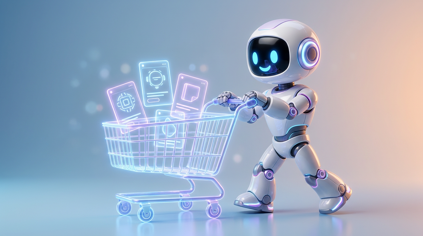 Robotmascotte van Your AIdea pakt een bestelling in naast een webshopscherm met producten en een afrekenpagina