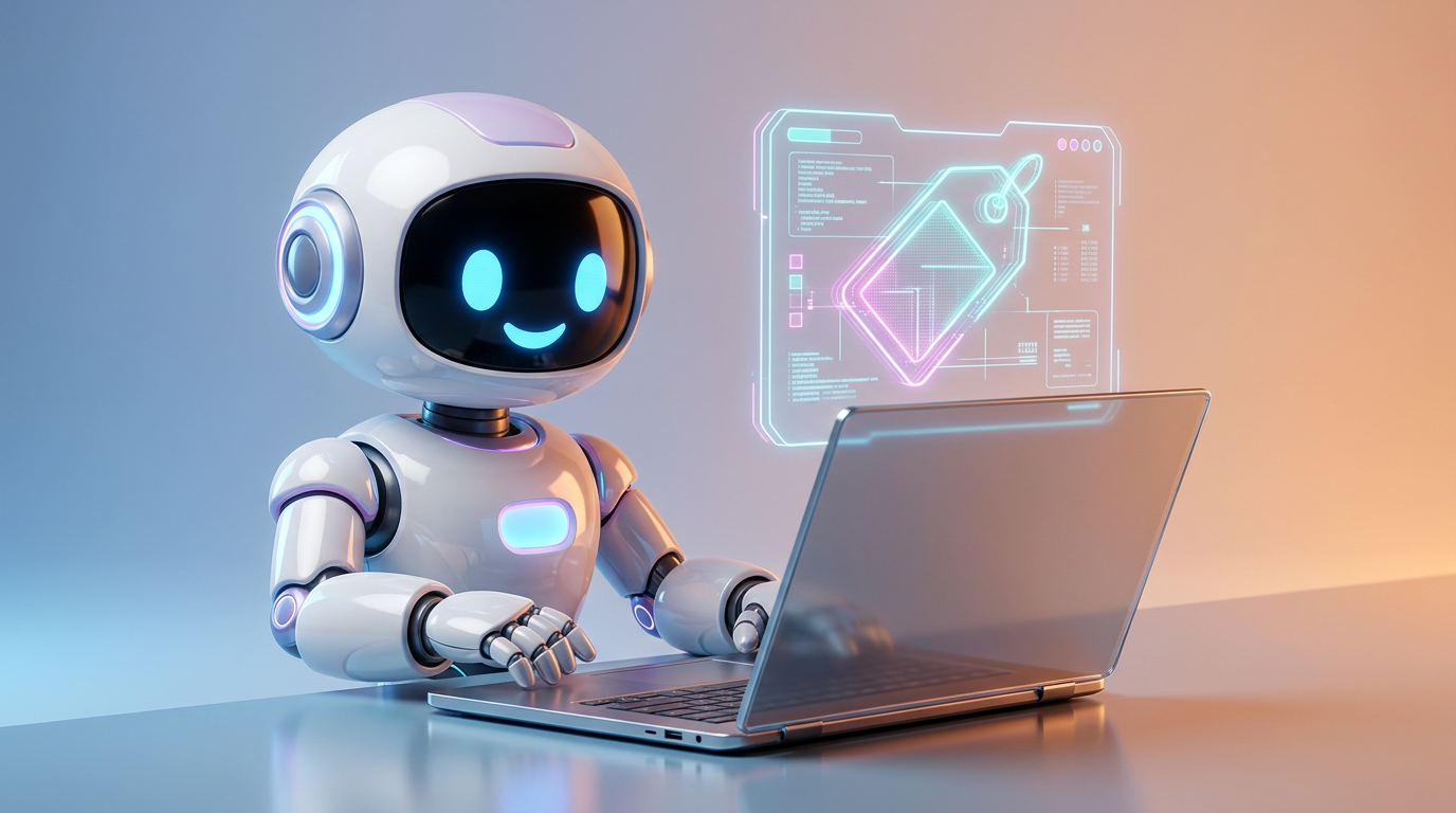 Robotmascotte van Your AIdea werkt aan een website-ontwerp op een laptop, met zwevende euromunten en een prijskaartje ernaast