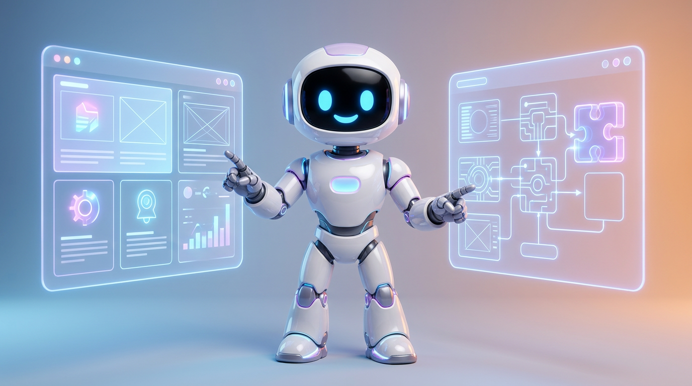 Robotmascotte van Your AIdea staat tussen twee browserschermen: een WordPress-website en een maatwerkoplossing